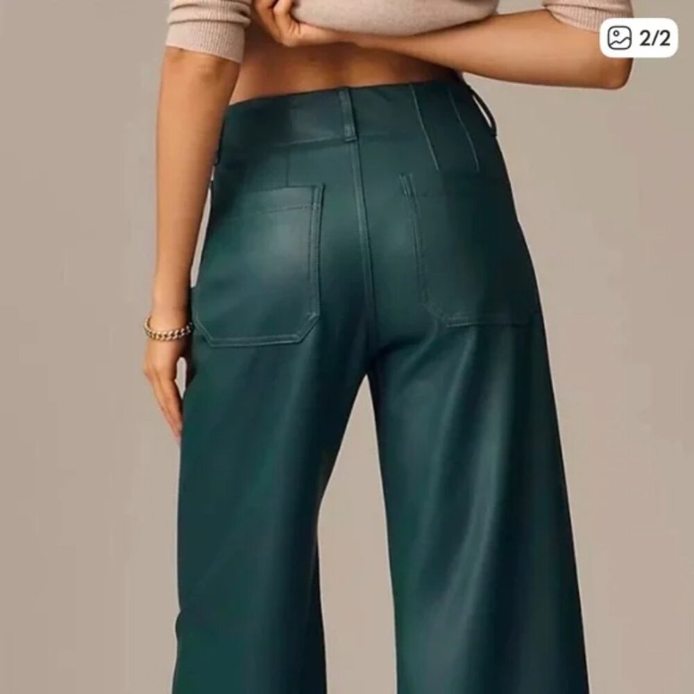 NWT Anthropologie Maeve Colette Crop Wide Leg Pants FAUX VEGAN Leather TEAL 28